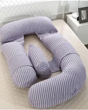 G-Type Cotton Pregnancy Pillow With a Grey and White Striped Pattern