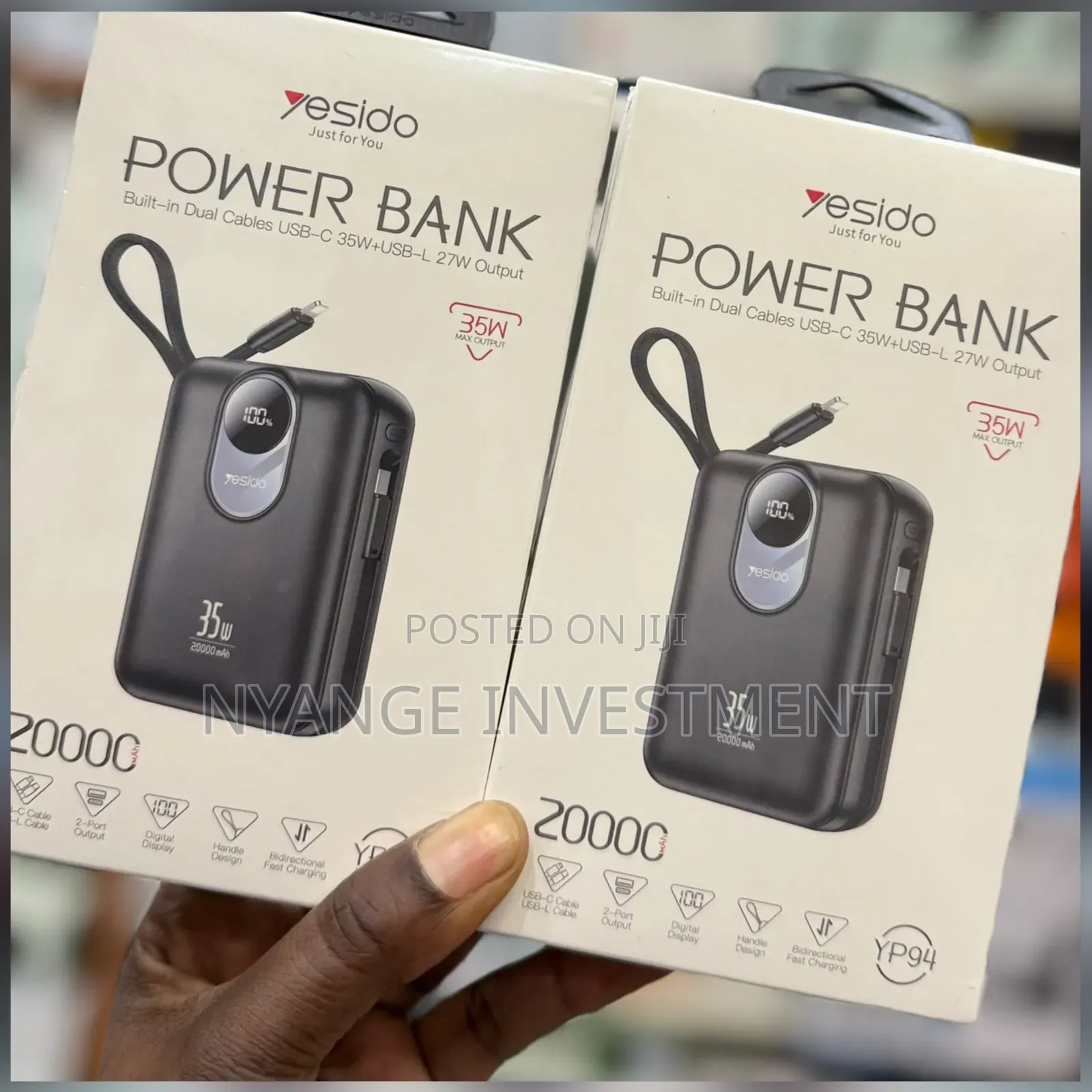 YESIDO YP94 Power Bank With Built-in Type-C Lightning Cables 20,000
