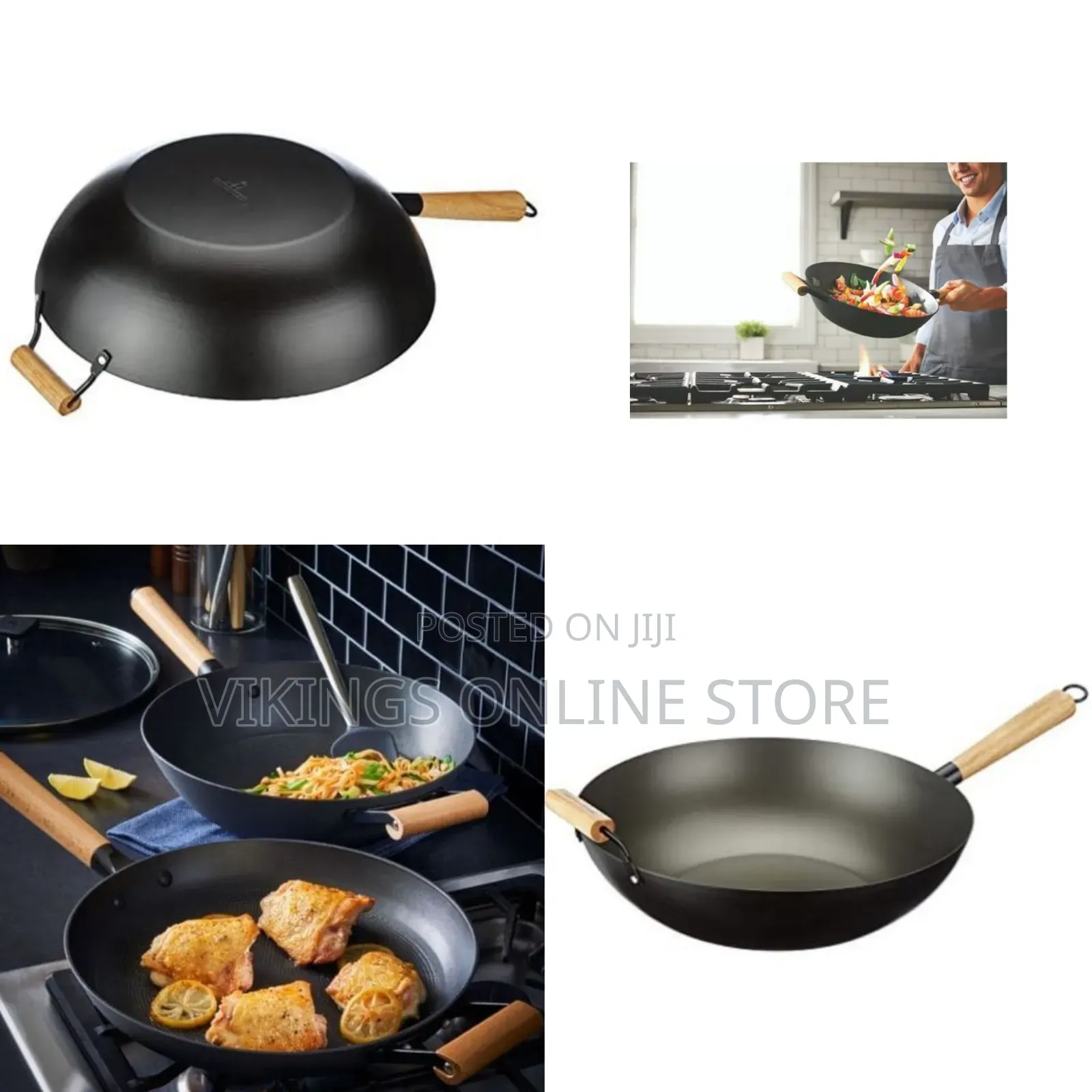 32CM Non-Stick Wok Stir Frying Pan Saucepan With Wooden Handle- Black