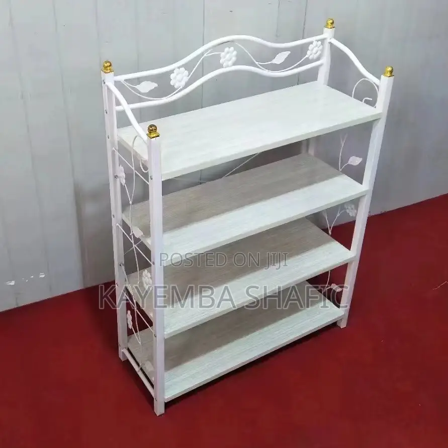 4-Tier Wooden Shoe Rack With Decorative Floral Metal Frame