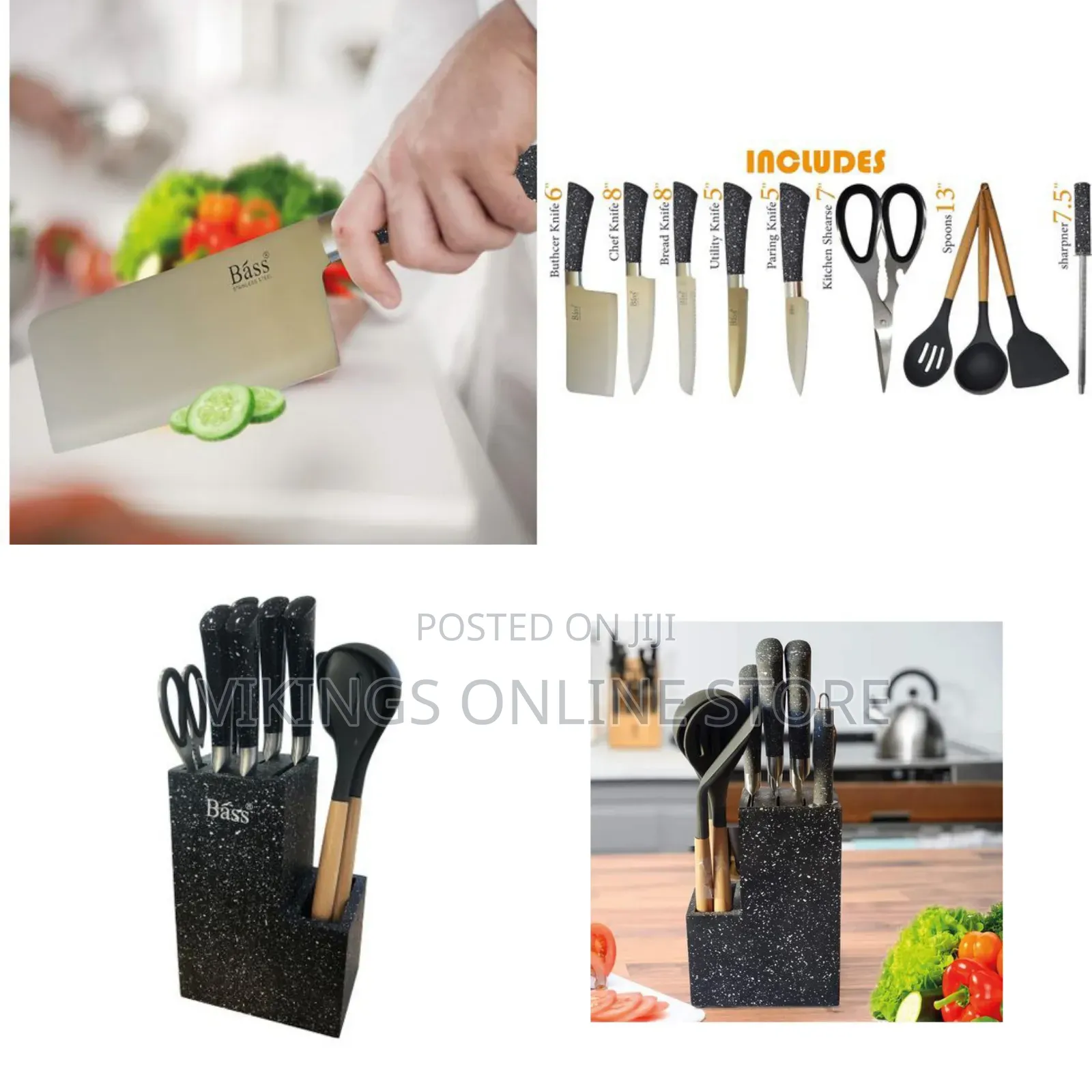 Bass 11 Piece Stainless Steel Modern Knife Set on Block Stand