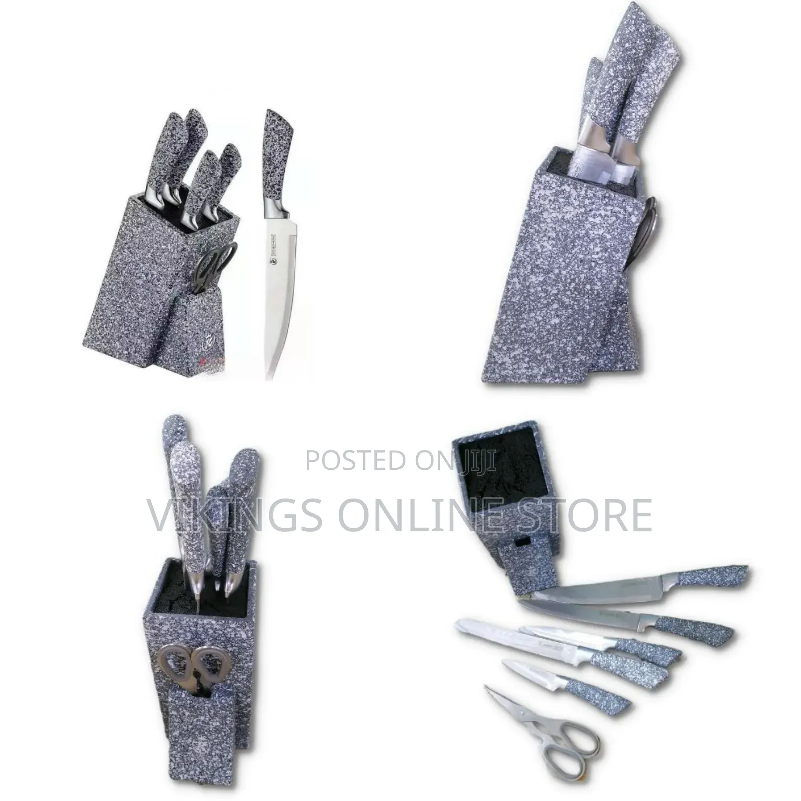7 Piece Black Dotted Handle Knife Set in Wooden Stand - Grey