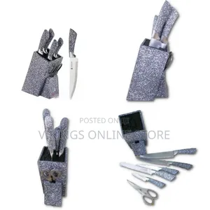 7 Piece Black Dotted Handle Knife Set in Wooden Stand - Grey