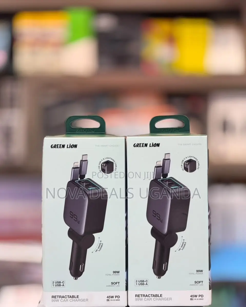 Green Lion 99W Dual Retractable Car Charger 2 USB C, 1 USB a Port