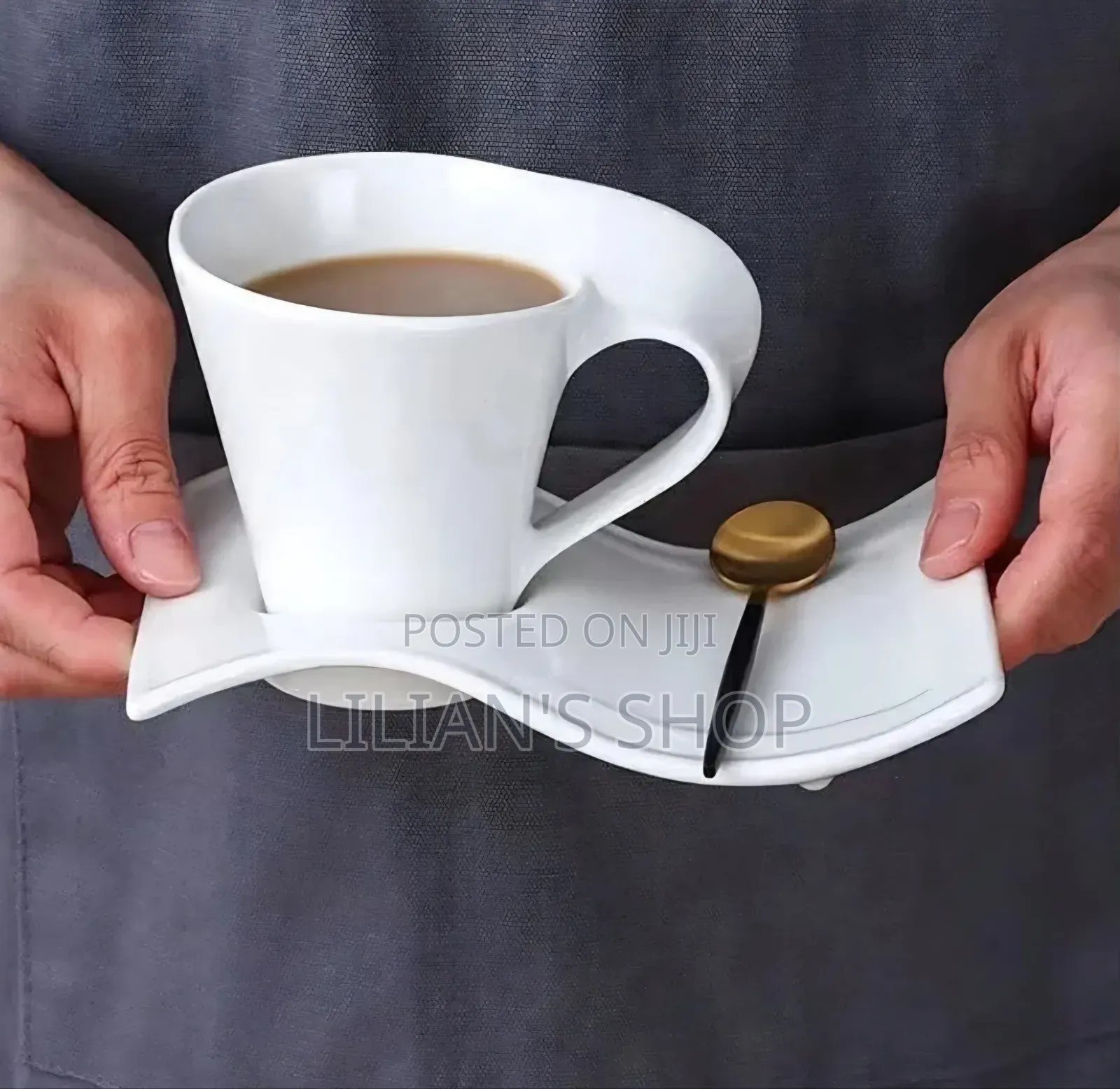 6pcs White Ceramic Wave-Shape Coffee Cup and Asymmetrical Saucer Set