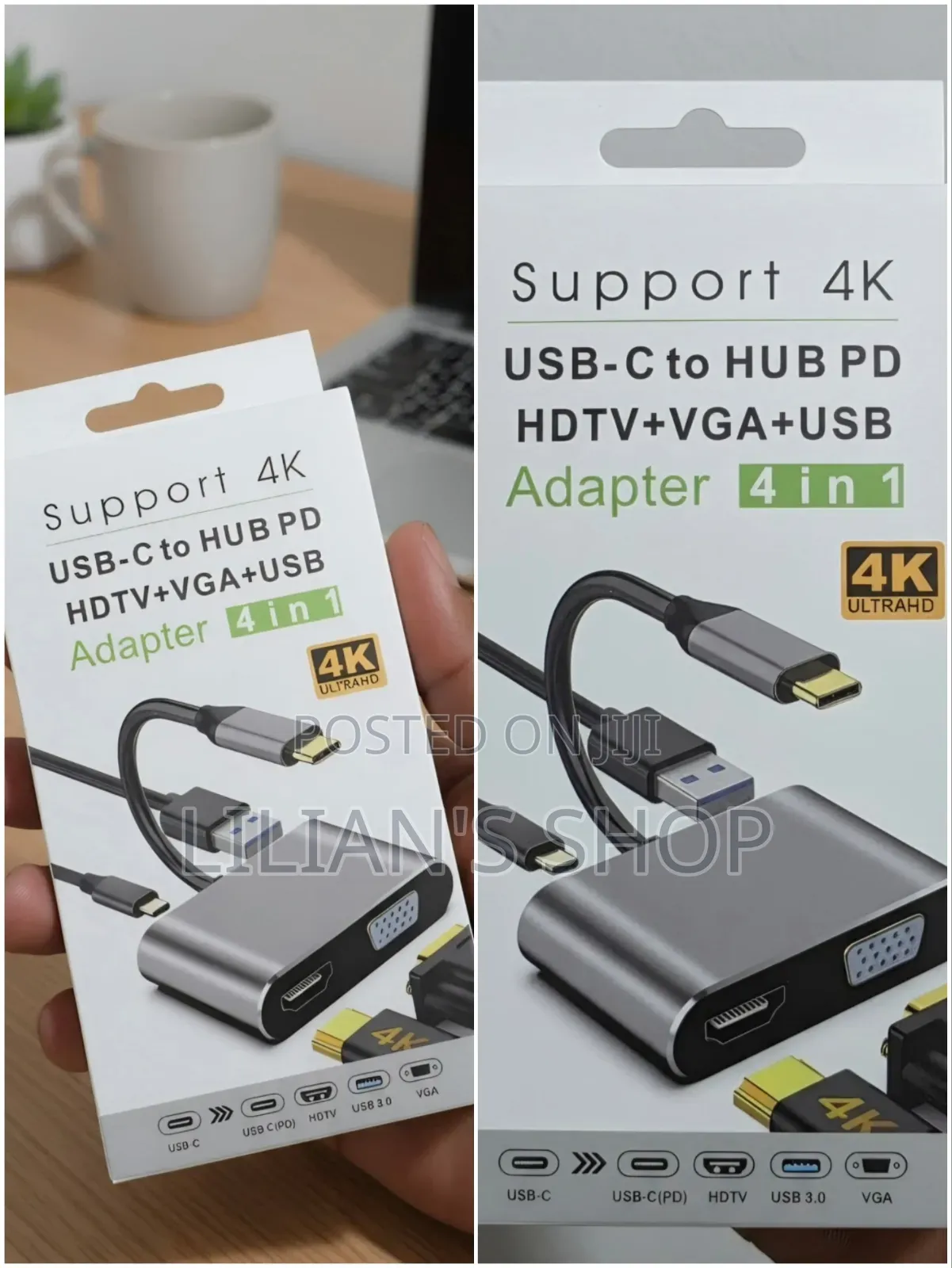 4-in-1 USB-C to HDMI (HDTV), VGA, USB 3.0, and PD (Power Delivery)