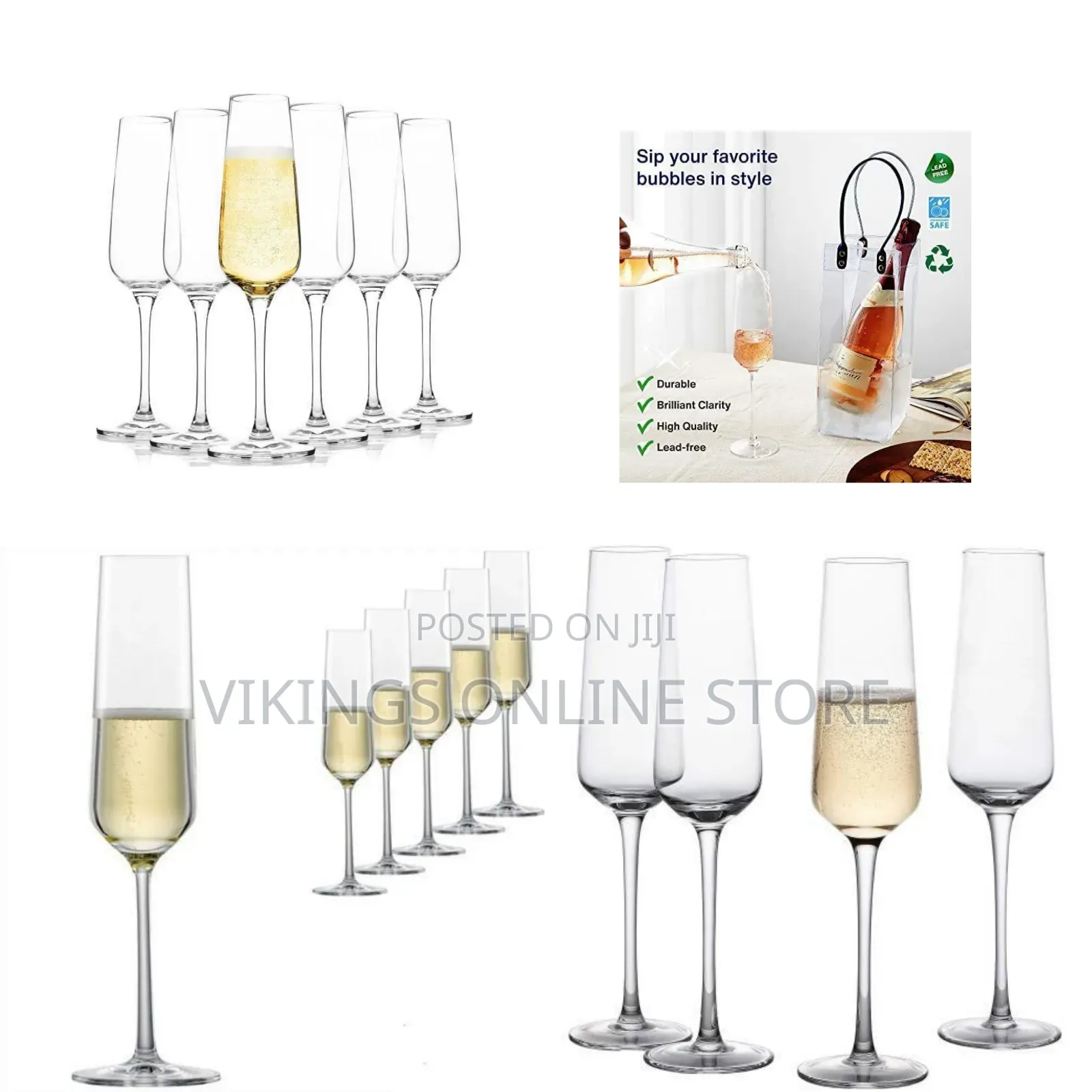 6PC Long Stem Champagne Flutes Crystal Clear and Seamless Tower