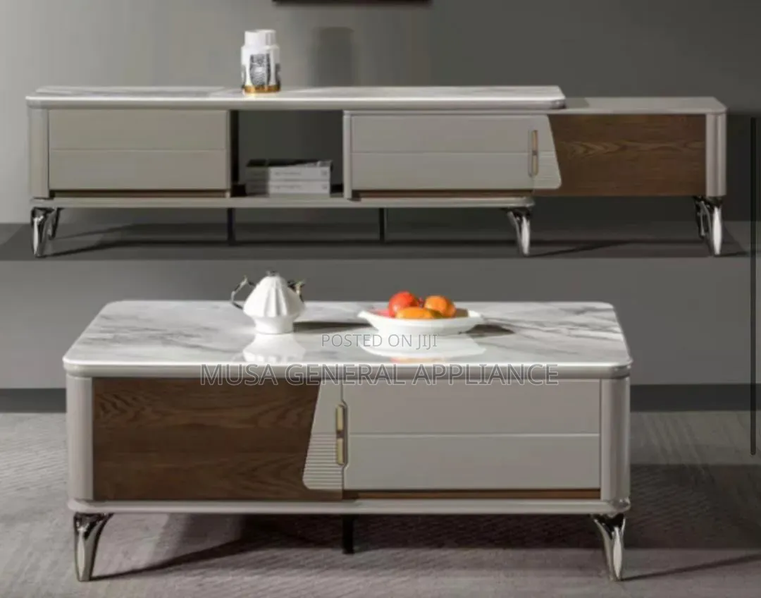 Modern Luxury Marble-Top Center Table and Matching TV Stand Set