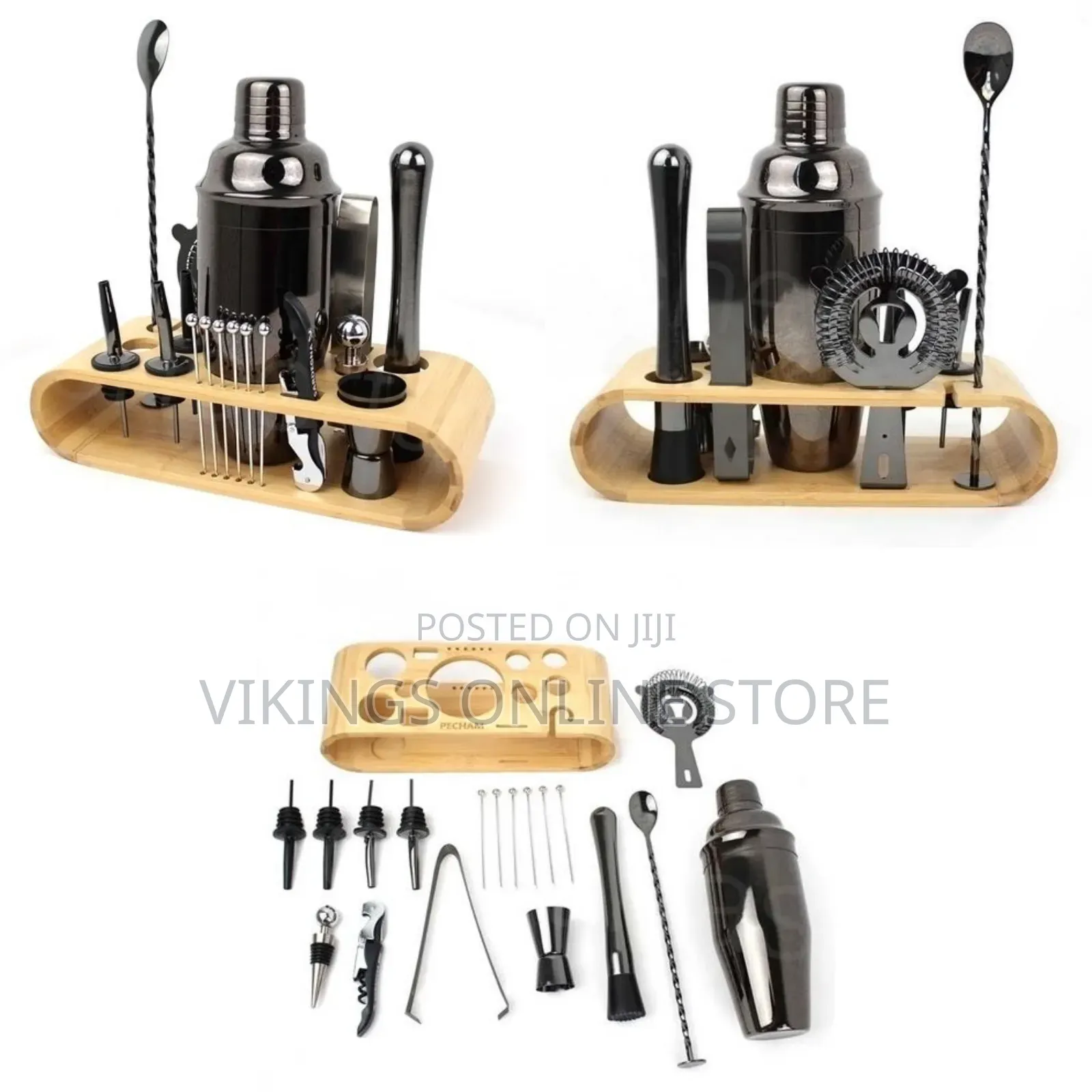 Stainless Steel Bartender Cocktail Shaker on Bamboo Wood Stand Gift
