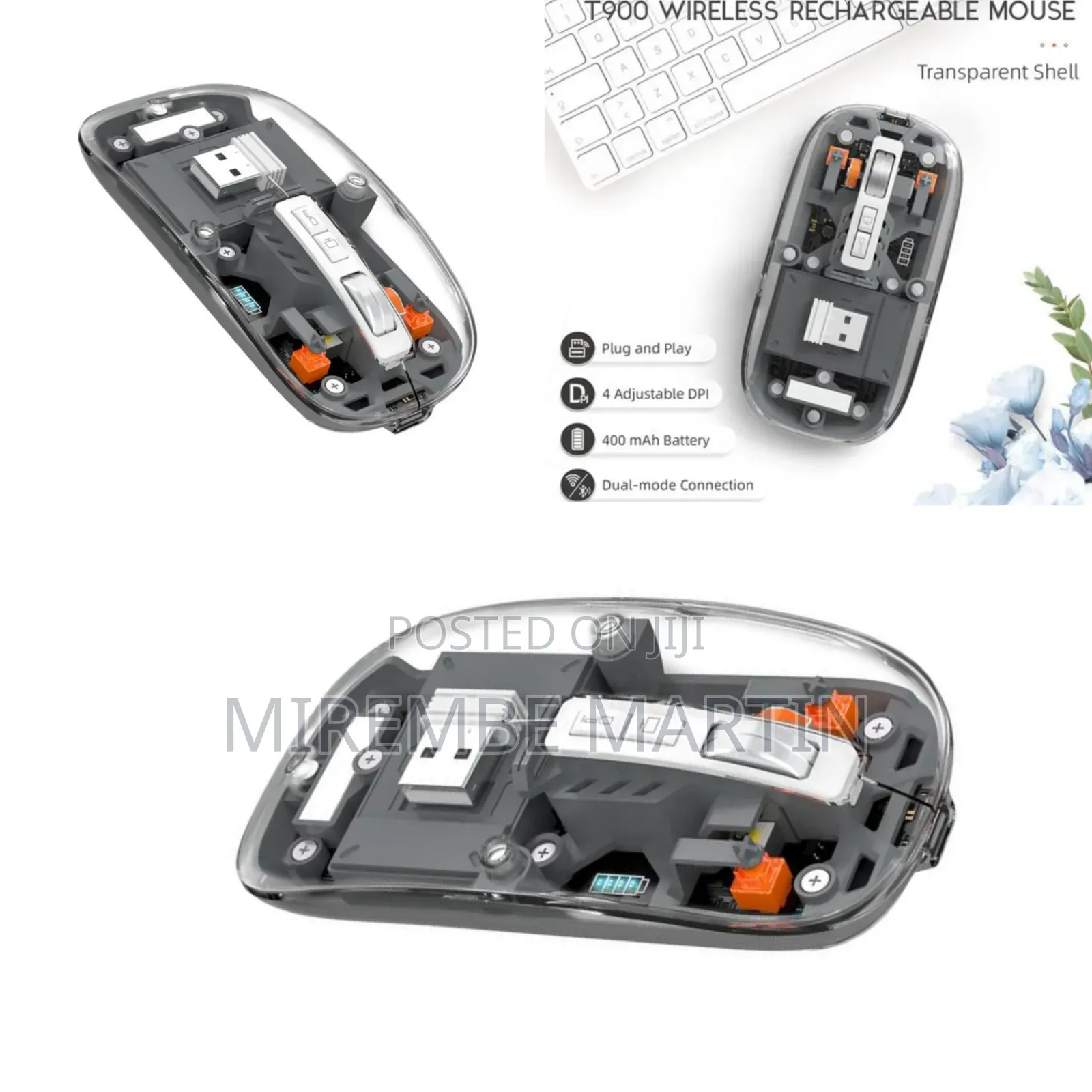 Rechargeable Laptop Wireless Gaming Mouse, Slim Transparent Dual