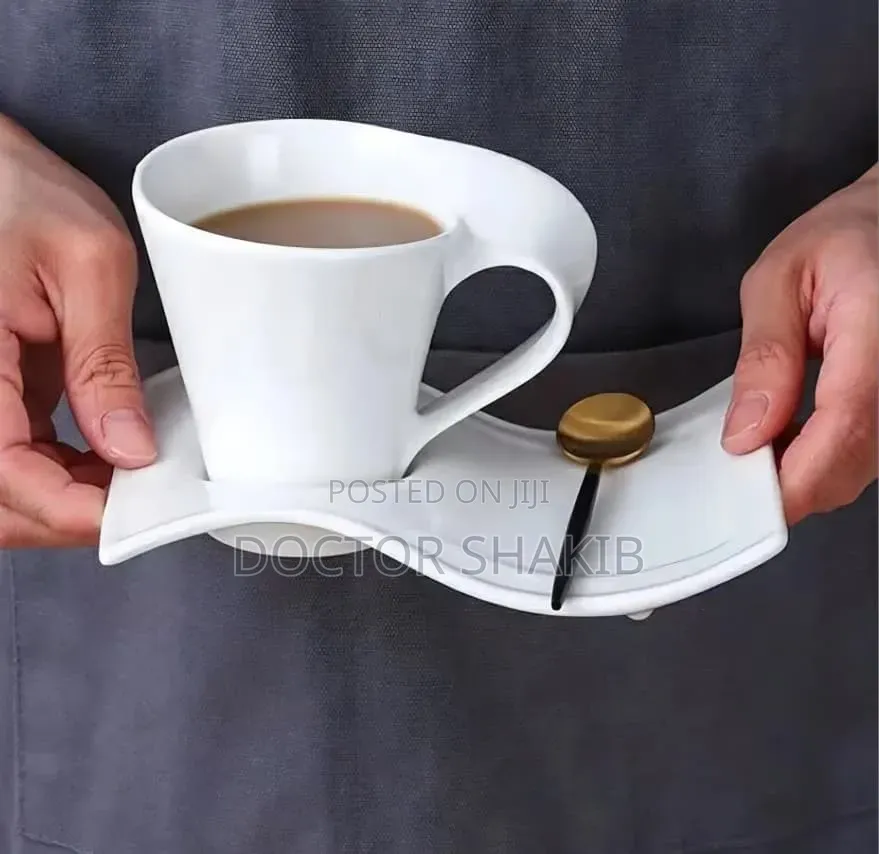 6pcs White Ceramic Wave-Shape Coffee Cup and Asymmetrical Saucer Set
