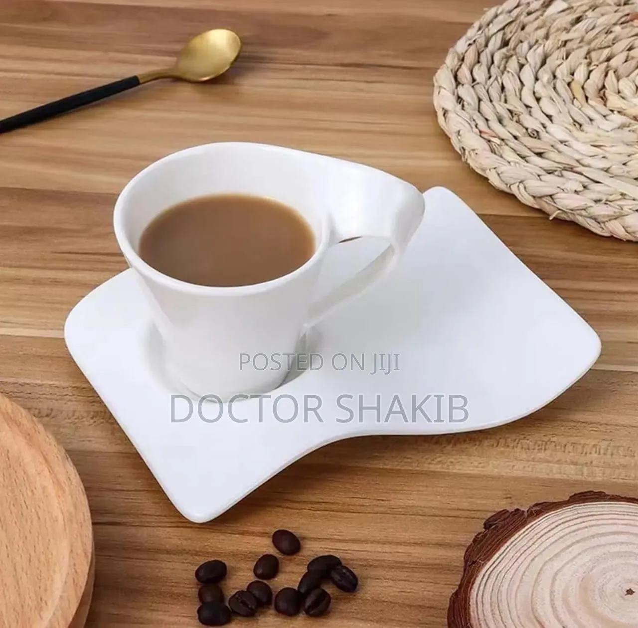 6pcs White Ceramic Wave-Shape Coffee Cup and Asymmetrical Saucer Set