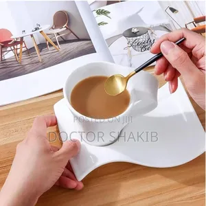 6pcs White Ceramic Wave-Shape Coffee Cup and Asymmetrical Saucer Set