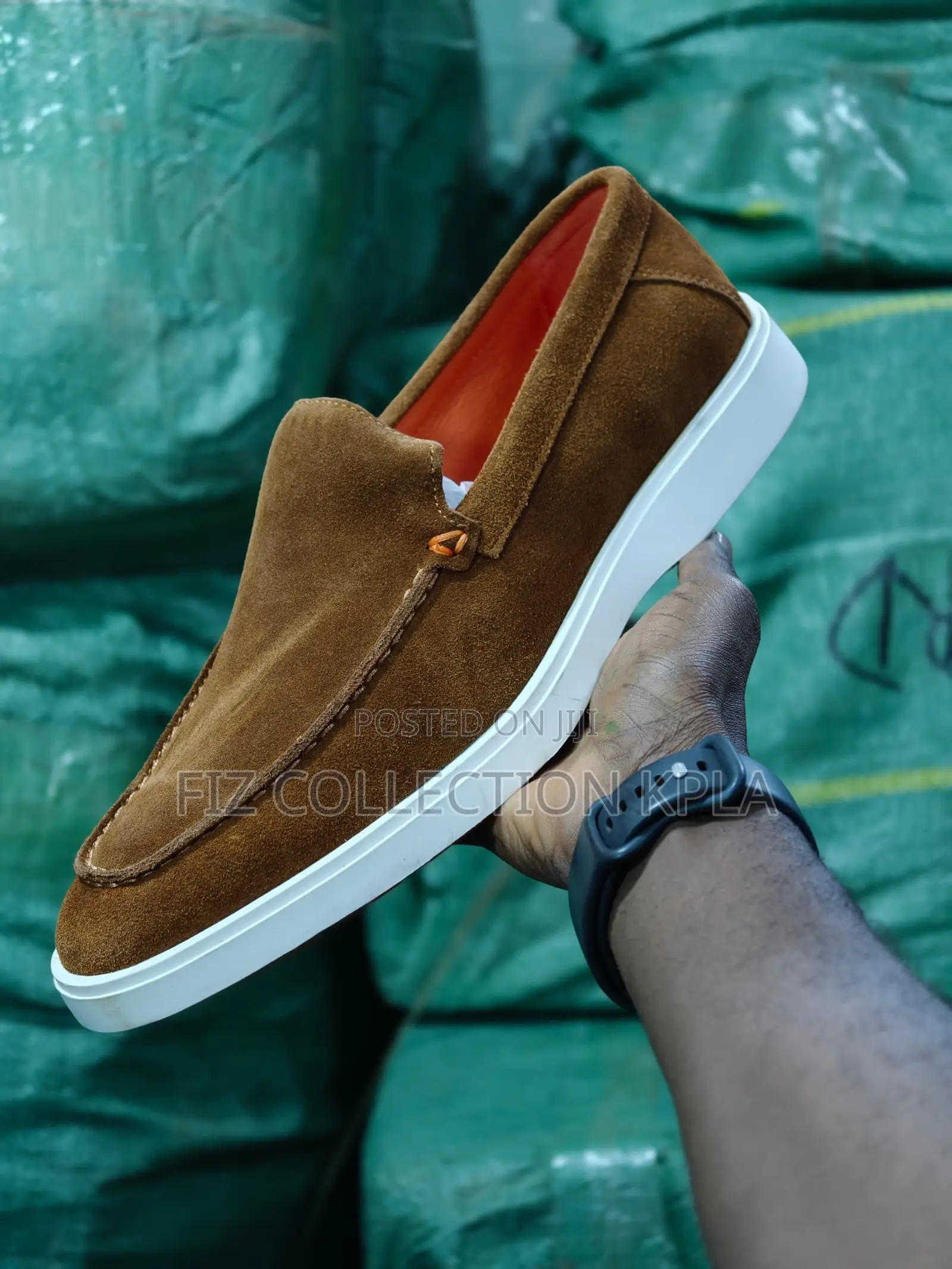 Santoni Brown Suede Slip on Loafers
