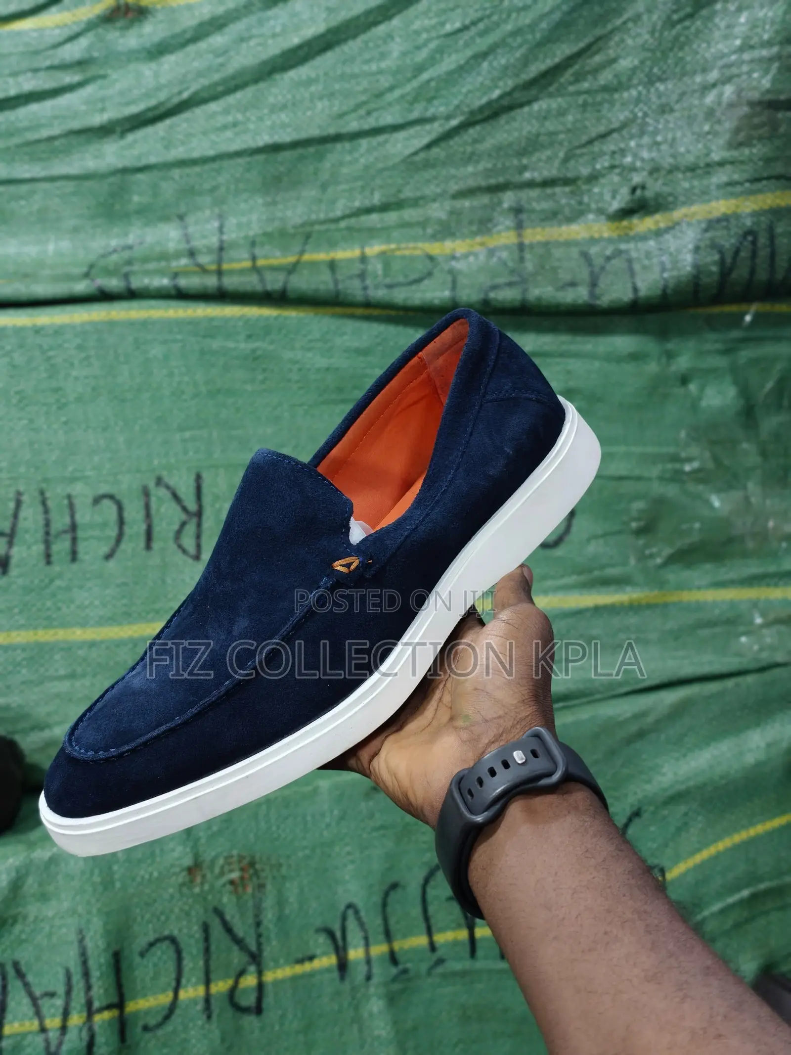 Original Santoni Navy Blue Suede Slip-on Loafers