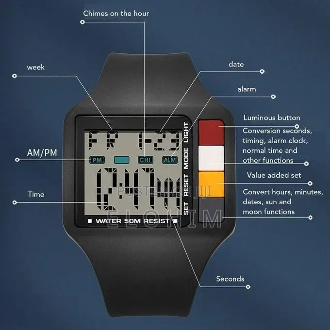 Men Digital Watch Night Light Stopwatch Calendar Alarm 50M Waterproof