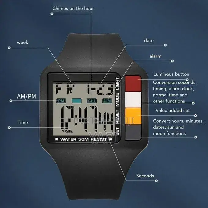 Men Digital Watch Night Light Stopwatch Calendar Alarm 50M Waterproof