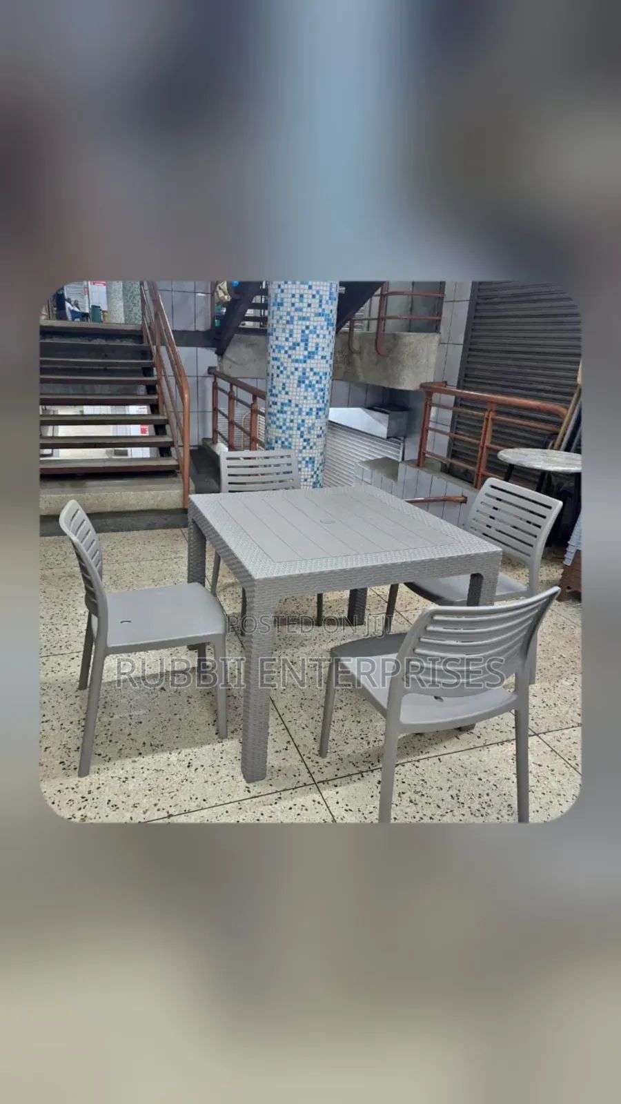 Grey Square Plastic Table + 4 Armless Chairs