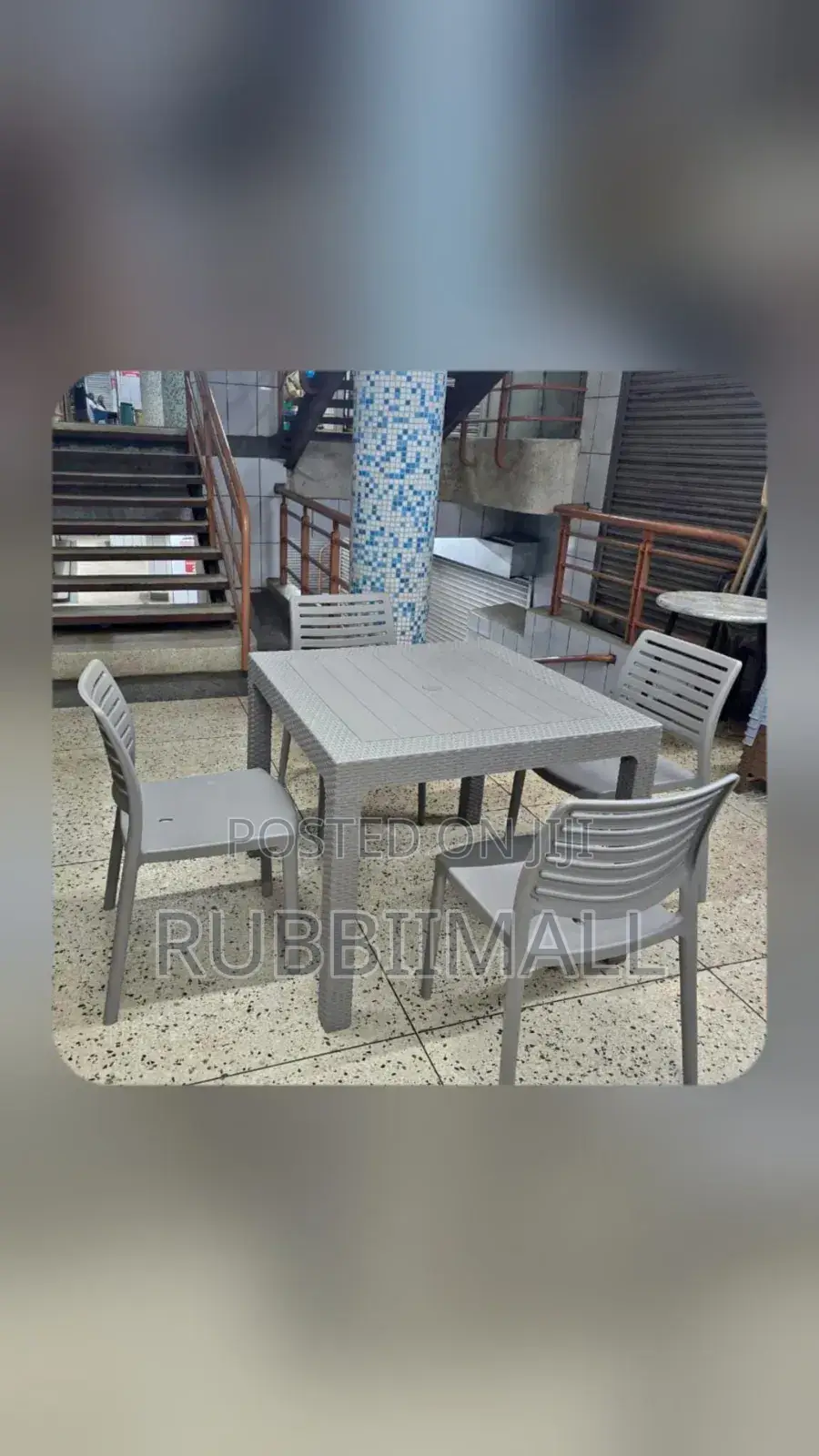 Grey Square Plastic Table + 4 Armless Chairs