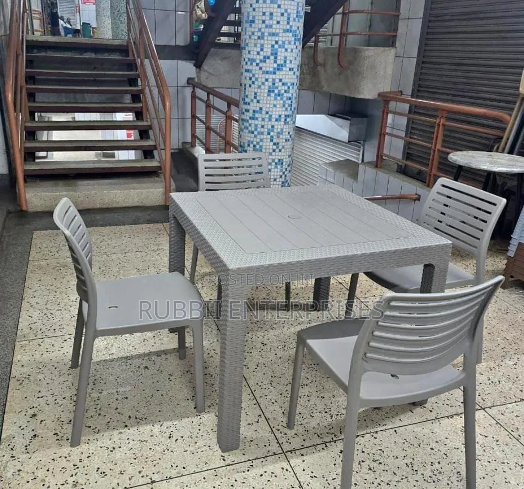 Grey Square Plastic Table + 4 Armless Chairs