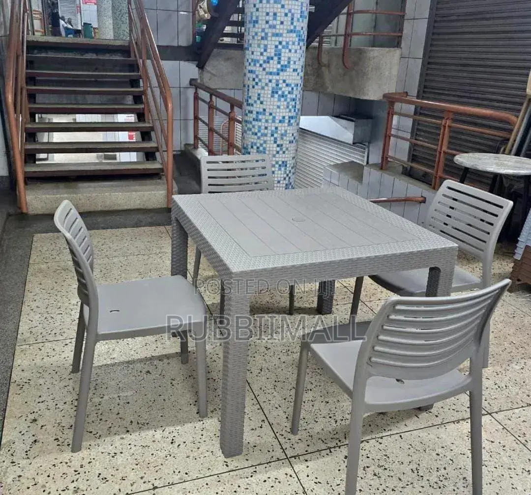 Grey Square Plastic Table + 4 Armless Chairs