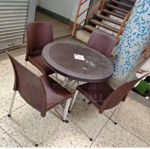 1 Round Table + 4 Brown Rattan-Textured Armless Plastic Chair