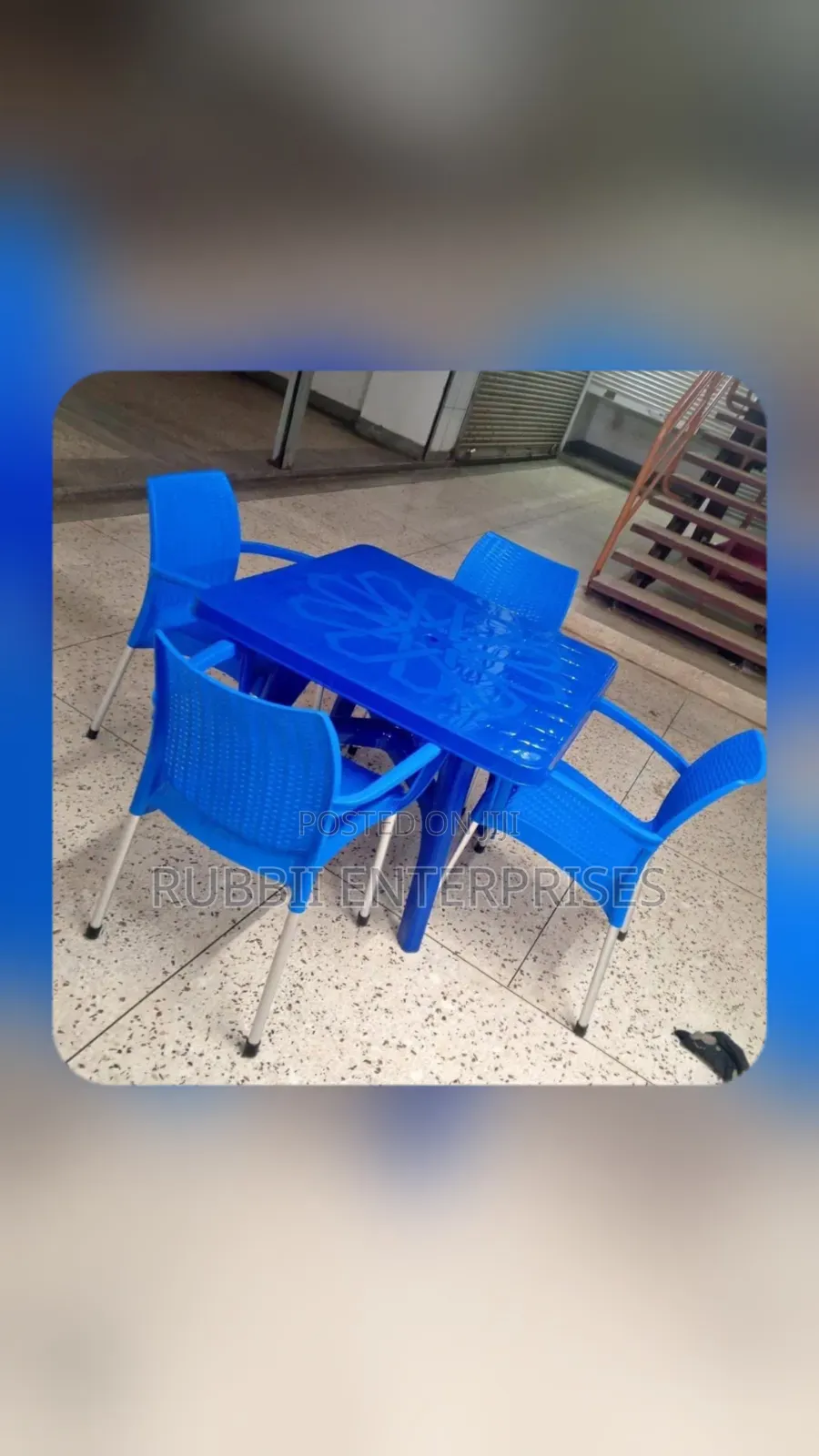 1Blue Square Table + 4 Blue Rattan Arm Plastic Chair
