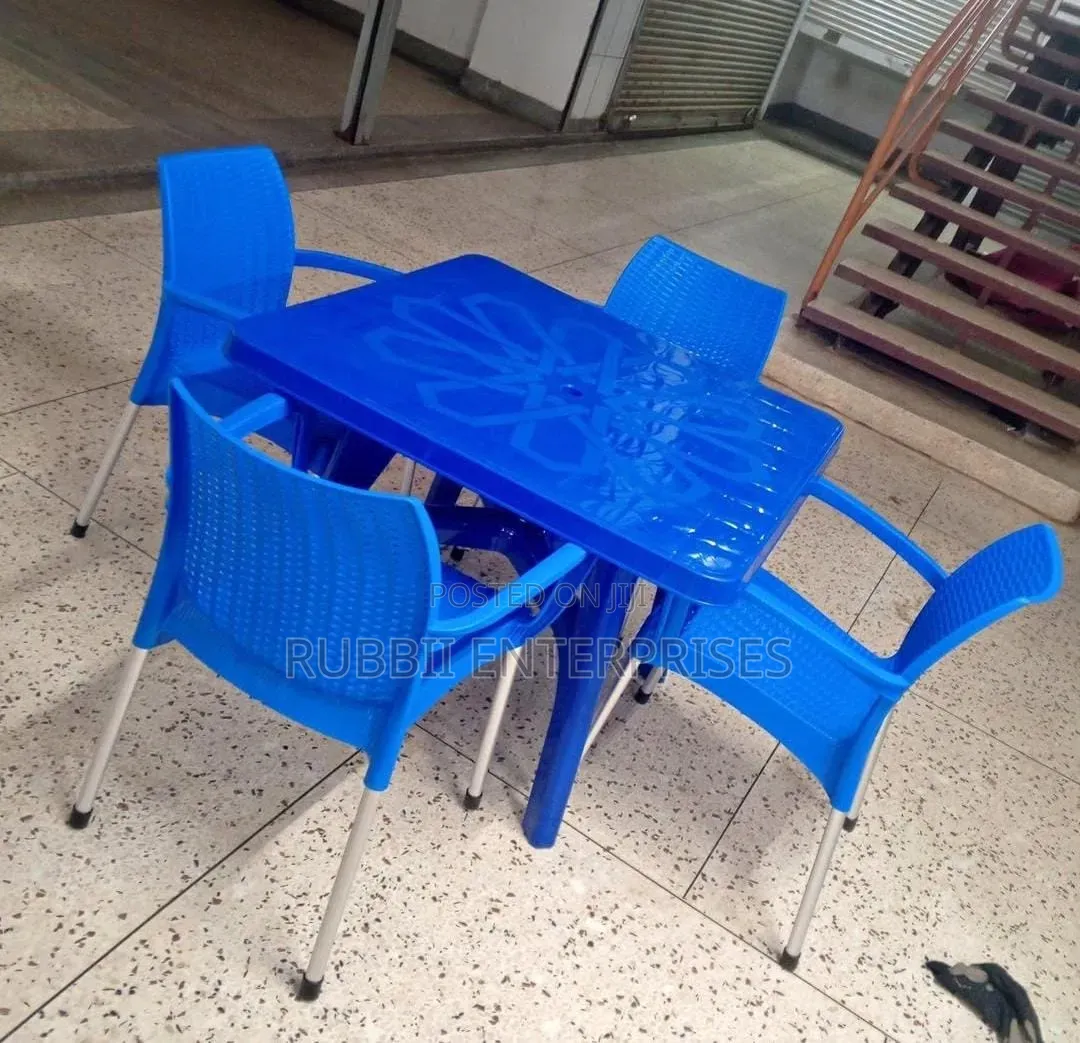 1Blue Square Table + 4 Blue Rattan Arm Plastic Chair