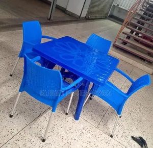 1Blue Square Table + 4 Blue Rattan Arm Plastic Chair