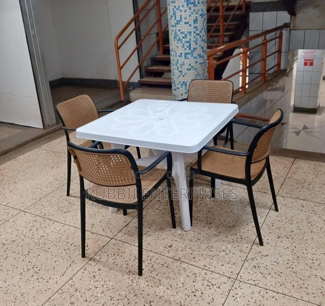 1 Square White Table + 4 Rattan Arm Plastic Chair