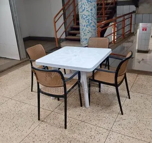 1 Square White Table + 4 Rattan Arm Plastic Chair