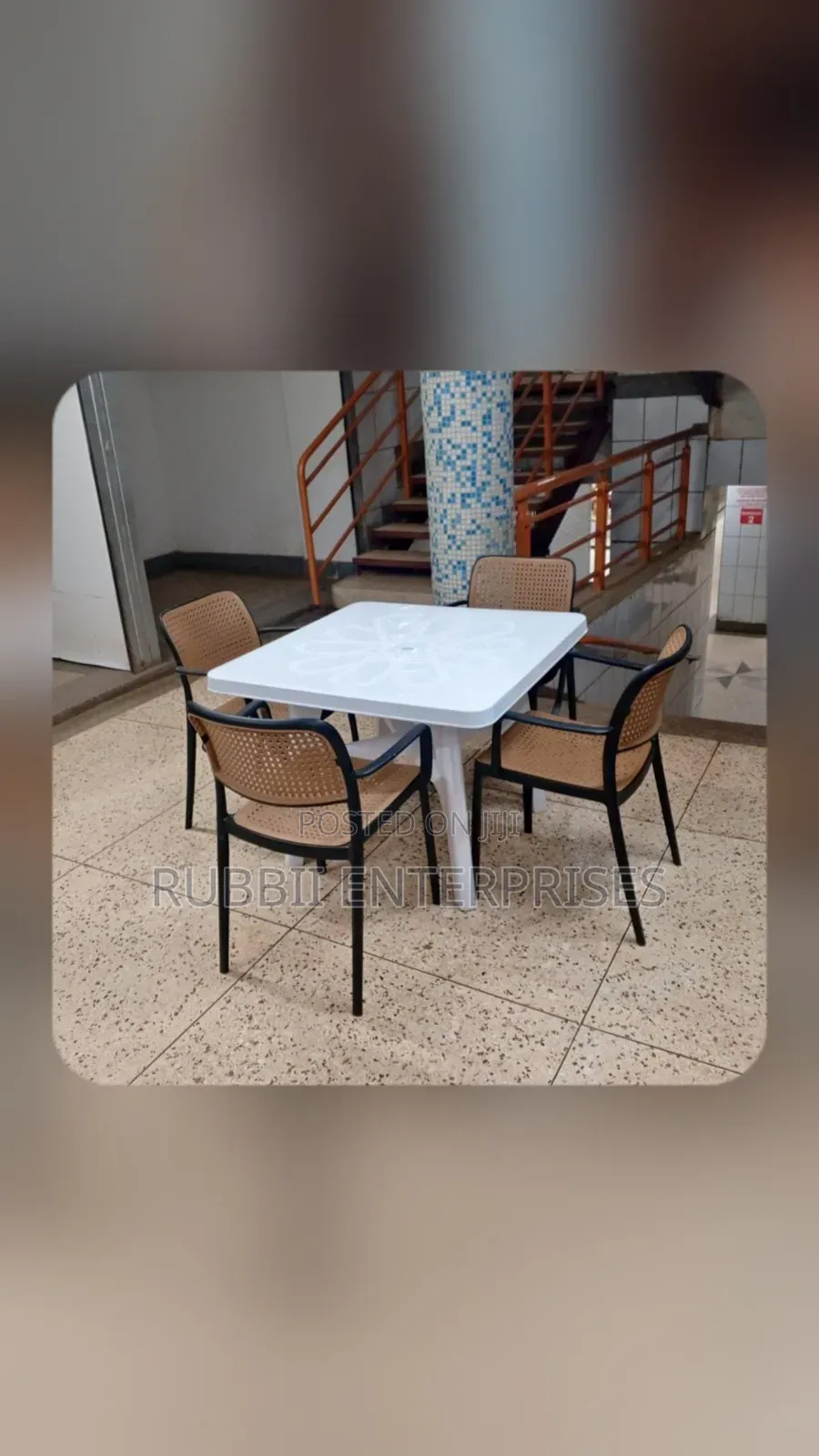 1 Square White Table + 4 Rattan Arm Plastic Chair