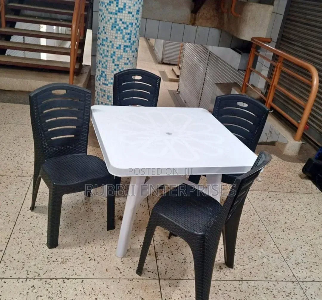 1 White Square Table + 4 Black Woven - Texture Armless Chair