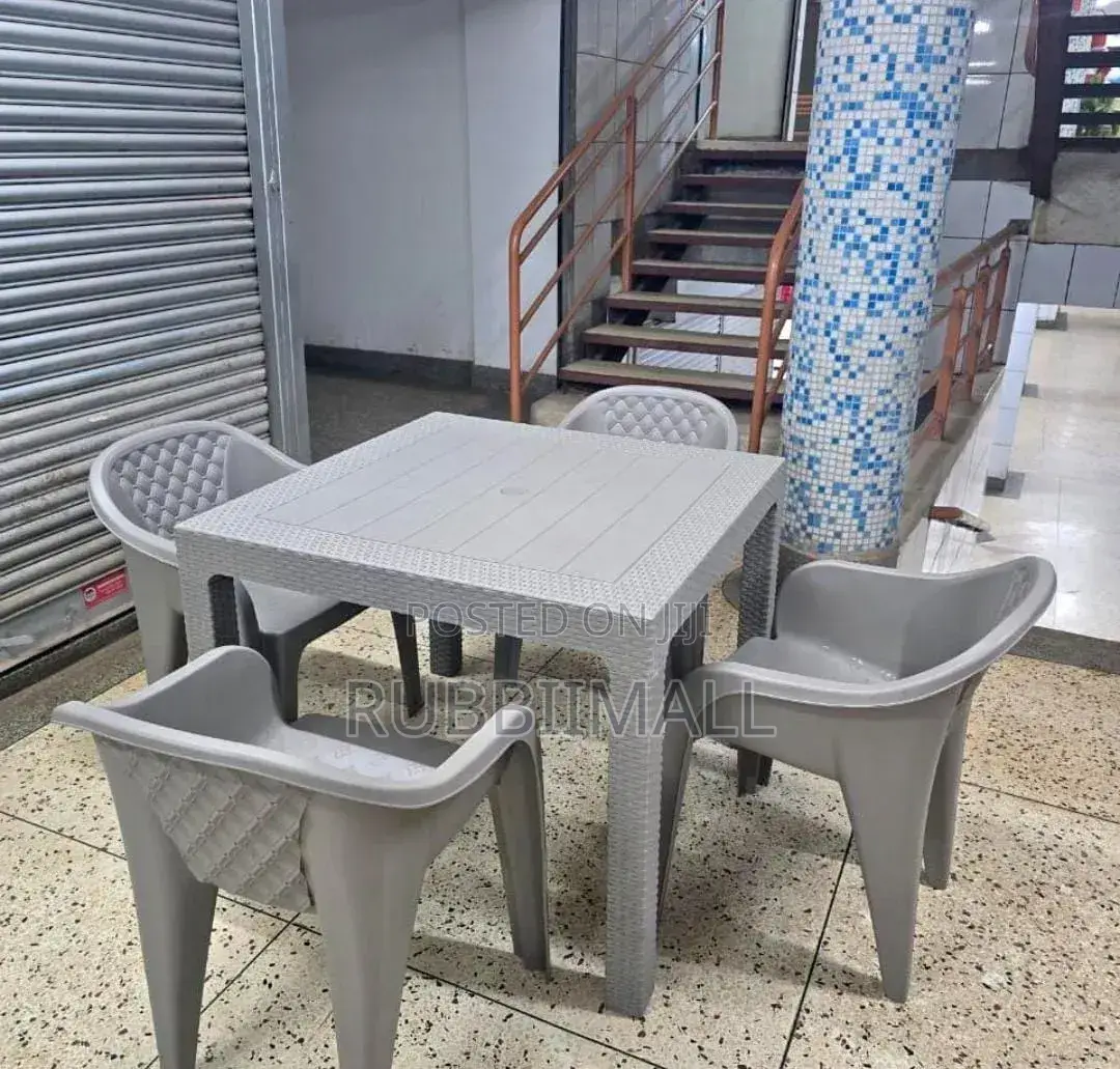 1 Grey Square Table + 4 Molded Plastic Arm Chair