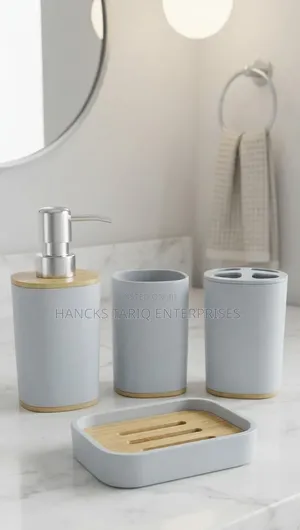 4-Piece Minimalist Bathroom Accessory Set With Bamboo Accents