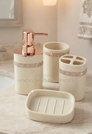 4-Piece Minimalist Bathroom Accessory Set With Bamboo Accents