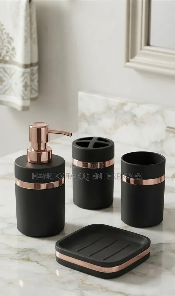 4-Piece Minimalist Bathroom Accessory Set With Bamboo Accents