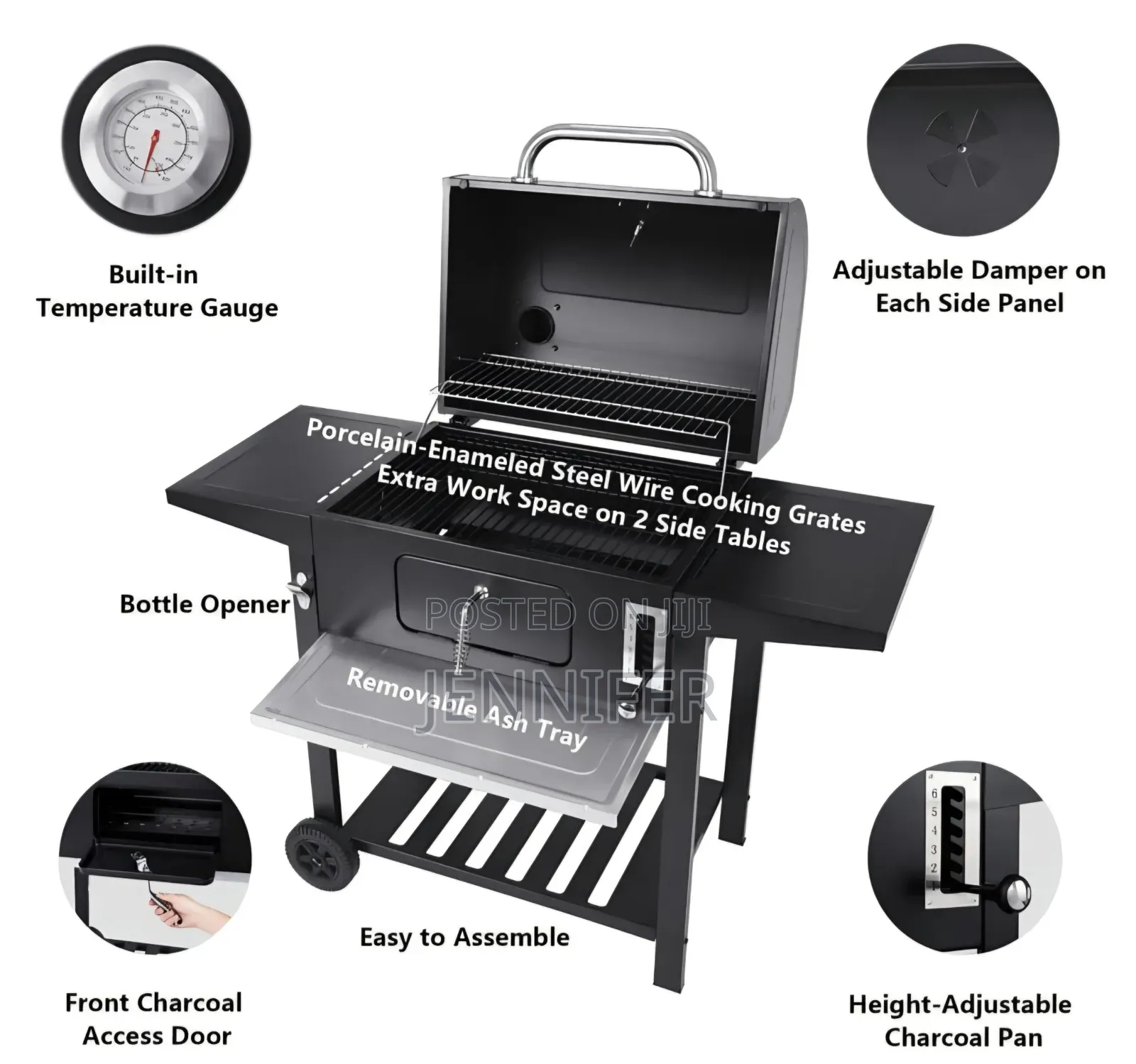Carbon Steel Charcoal BBQ Cooker Grill - Black