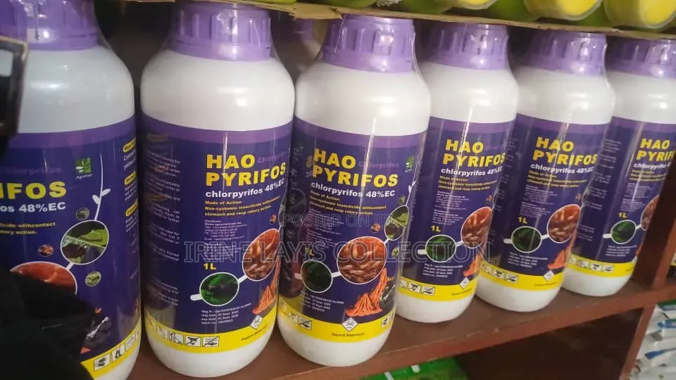 1-Litre White and Purple Bottles of Hao Pyrifos (Chlorpyrifos 48% EC).