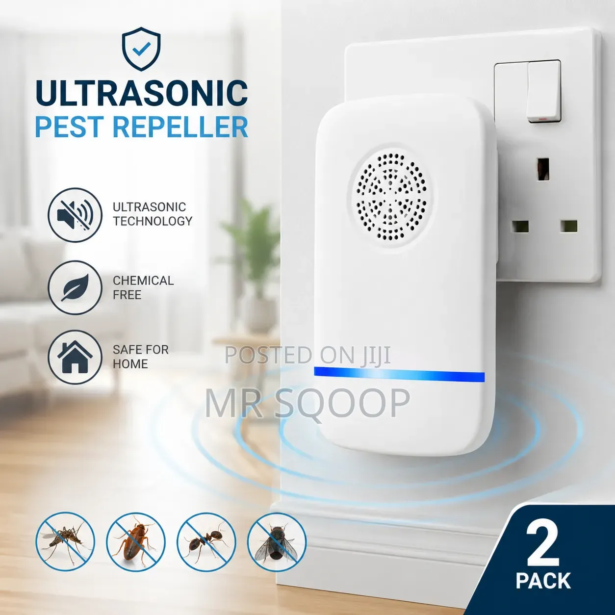 2PCS Ultrasonic Insect Repellent Pest Repeller – UK Plug, White