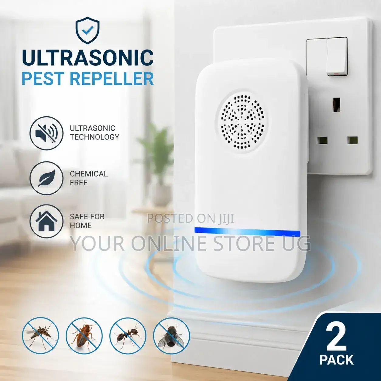 2PCS Ultrasonic Insect Repellent Pest Repeller – UK Plug, White