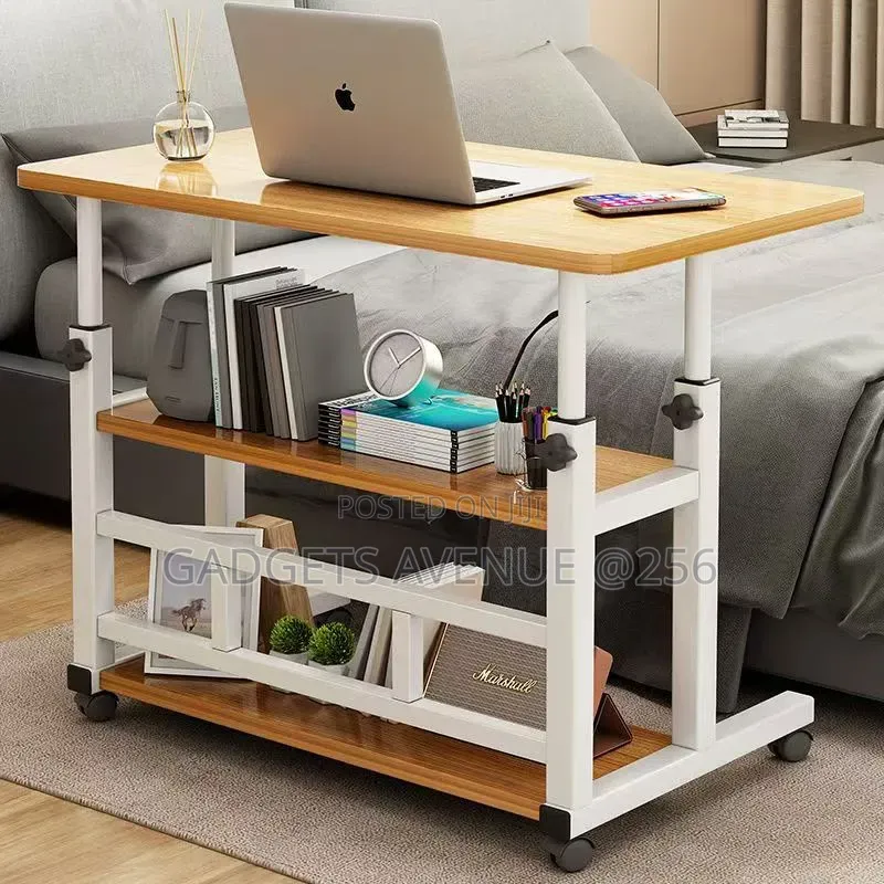 Rolling Laptop Table Features a Multi-Tier Wooden