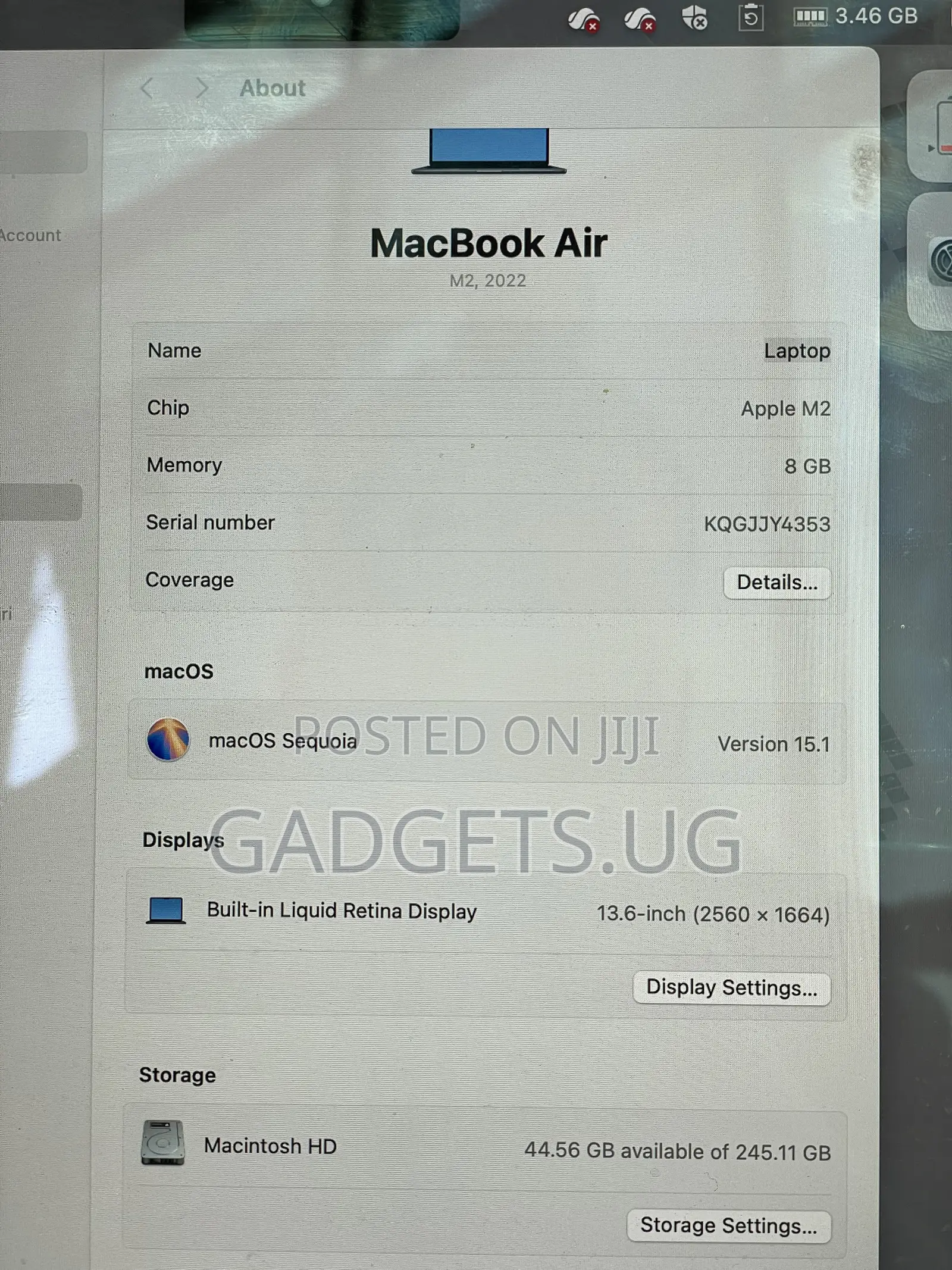 Laptop Apple MacBook Air 2022 M2 8GB Apple M2 SSD 256GB
