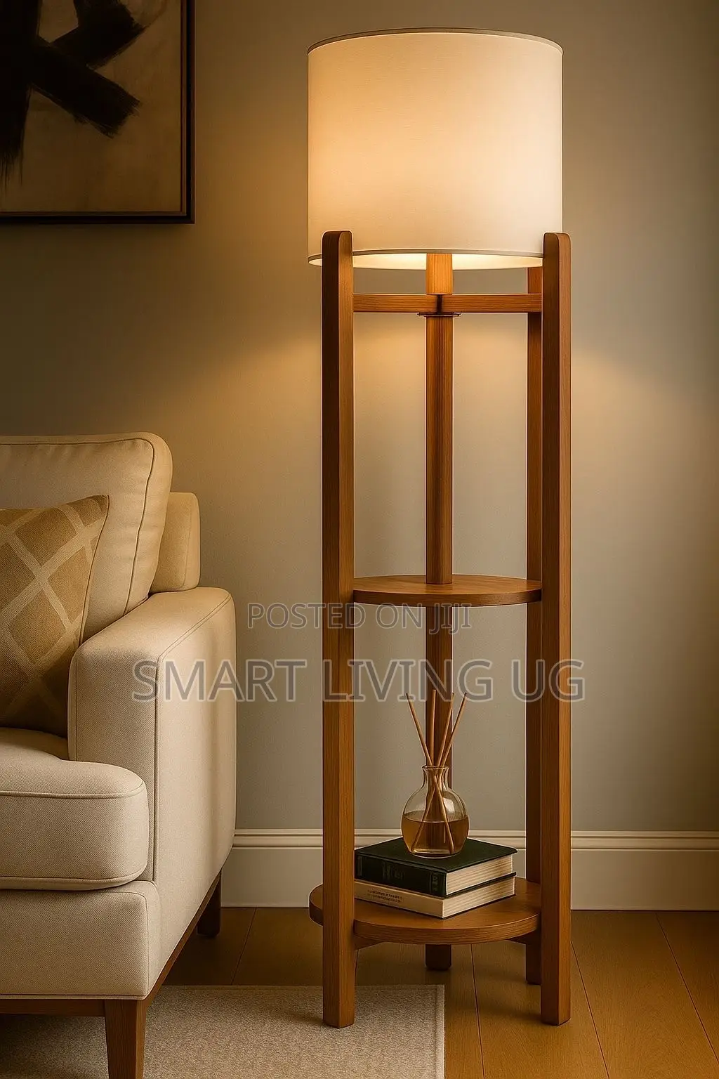 Modern Wooden Floor Lamp With Built-in Storage Shelves