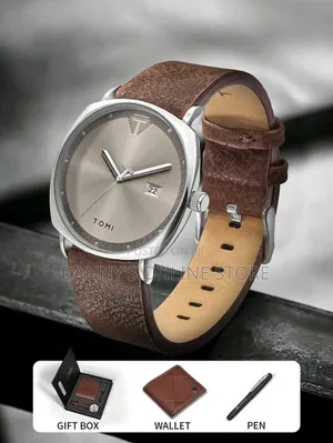 Brown Business Calendar Leather Quartz Men's Gift Box Watch Set.
