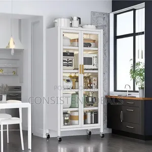 Kitchen Pantry Cabinet With Glass Doors and Removable Wheels