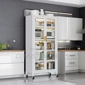Kitchen Pantry Cabinet With Glass Doors and Removable Wheels