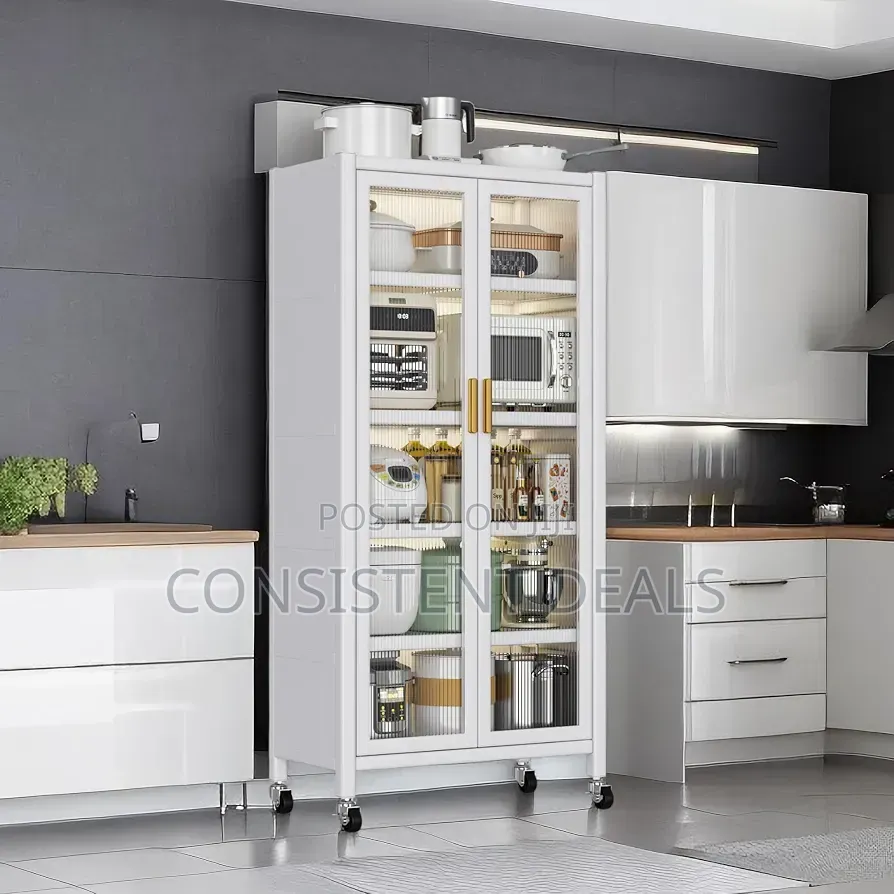 Kitchen Pantry Cabinet With Glass Doors and Removable Wheels