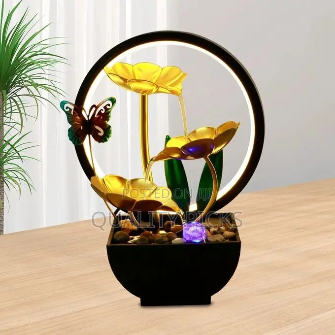 Tabletop Fountain With Rocks and LED Ring Lights, 3-Tiers