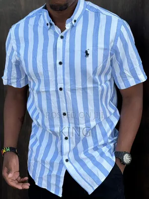 Men's Short-Sleeve Vertical-Striped Button-Down Casual Shirts
